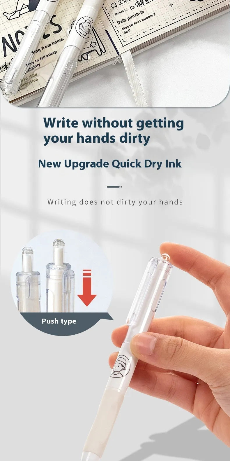 Five neutral colour ballpoint pens with 0.5mm black ink refills arranged together