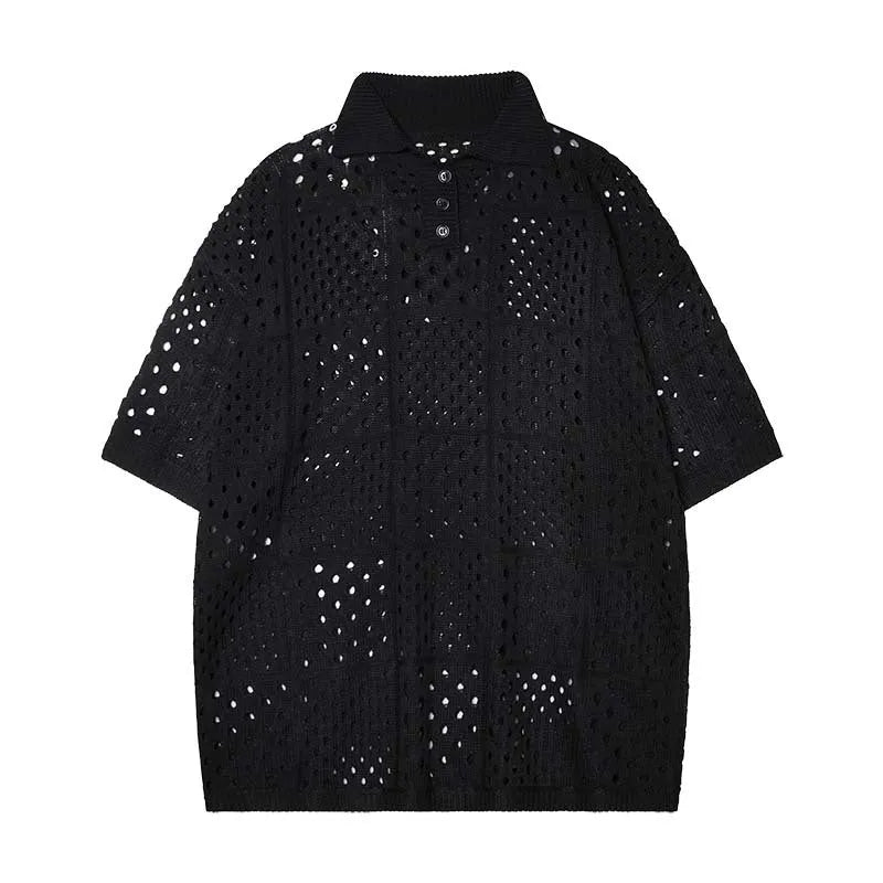 Men's loose-fitting black hollow knit short-sleeved polo shirt on a hanger, casual style.