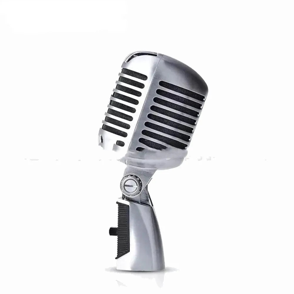 All-metal retro dynamic microphone in silver finish with measurements 185mm height by 80mm diameter