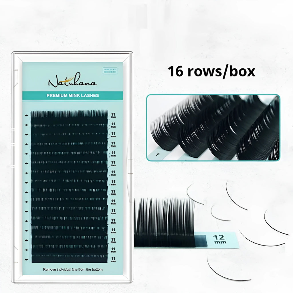 Soft artificial fibre velvet false eyelashes showing volume and length options from 0.05CC to 0.2CC and 7mm to 15mm.