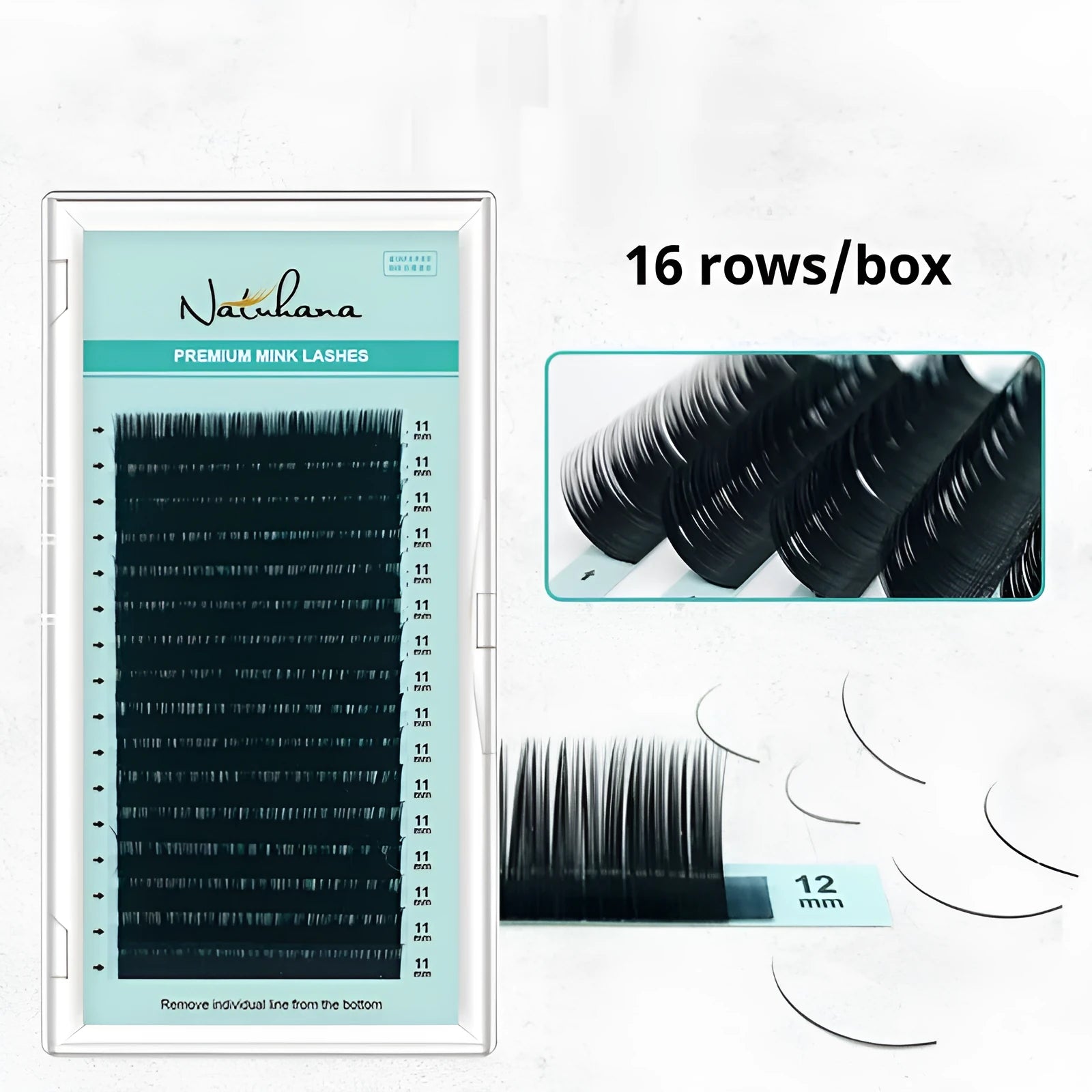 Soft artificial fibre velvet false eyelashes showing volume and length options from 0.05CC to 0.2CC and 7mm to 15mm.