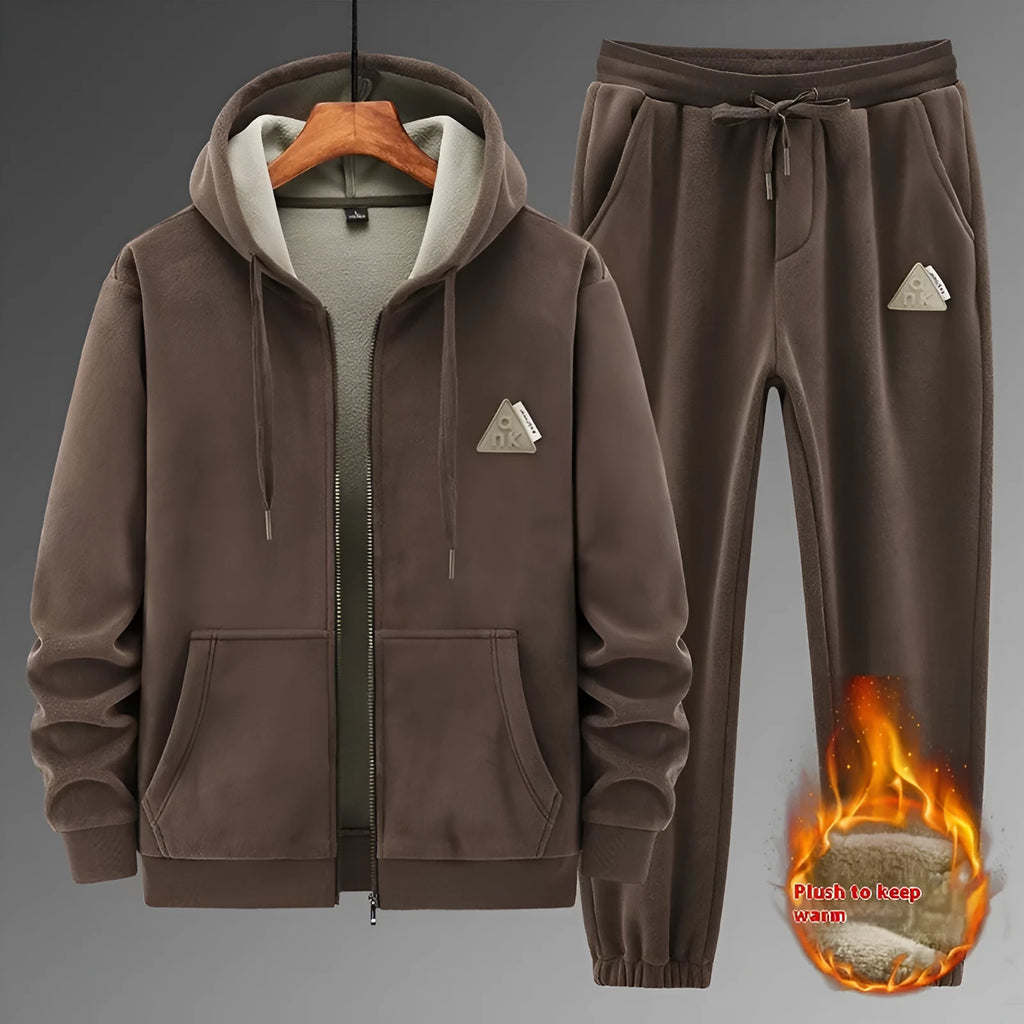 Men's grey cashmere hooded sweater and cotton pants casual sports suit set on hanger