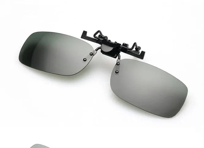 Clip-on sunglasses for prescription glasses in large and small PC frame sizes with grey, green, and night vision lenses