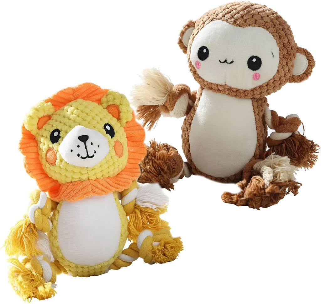 Lion and monkey plush squeaky dog toys side by side showing size difference