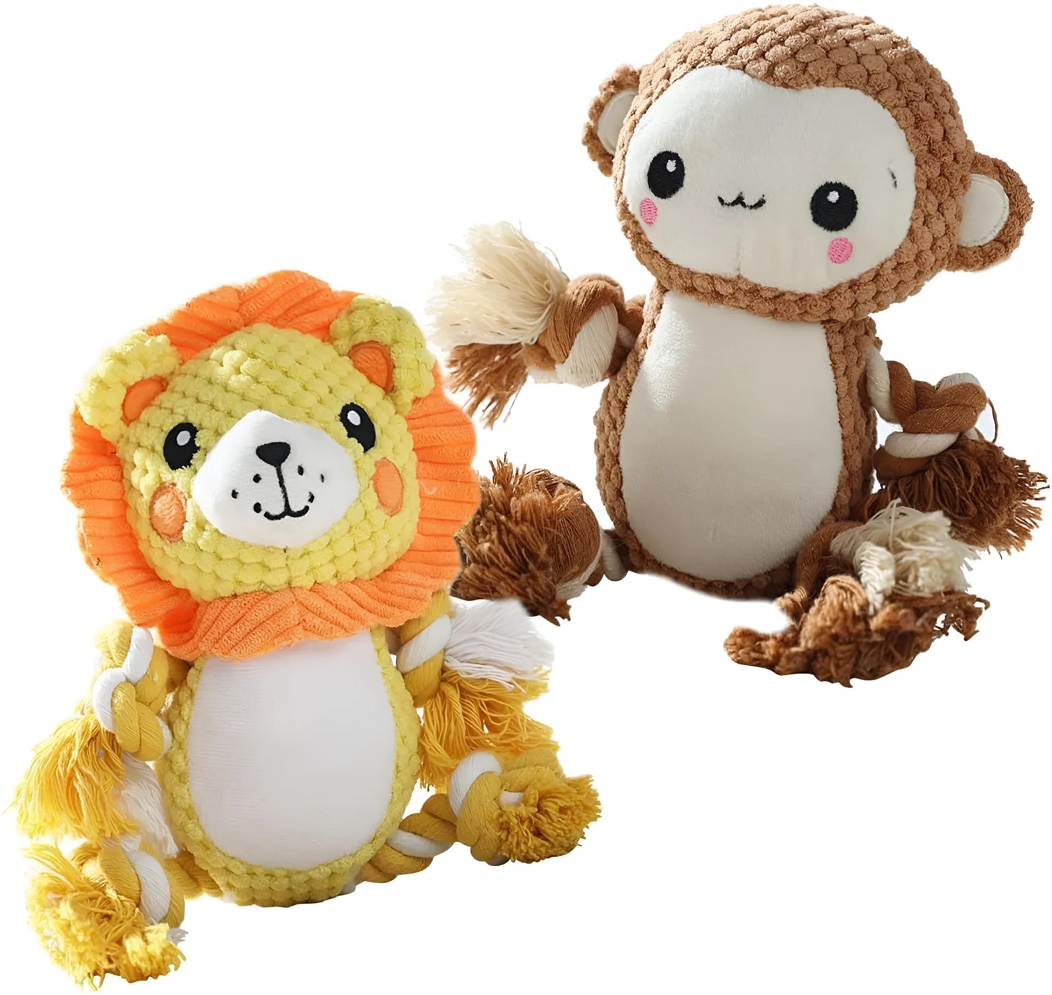 Lion and monkey plush squeaky dog toys side by side showing size difference