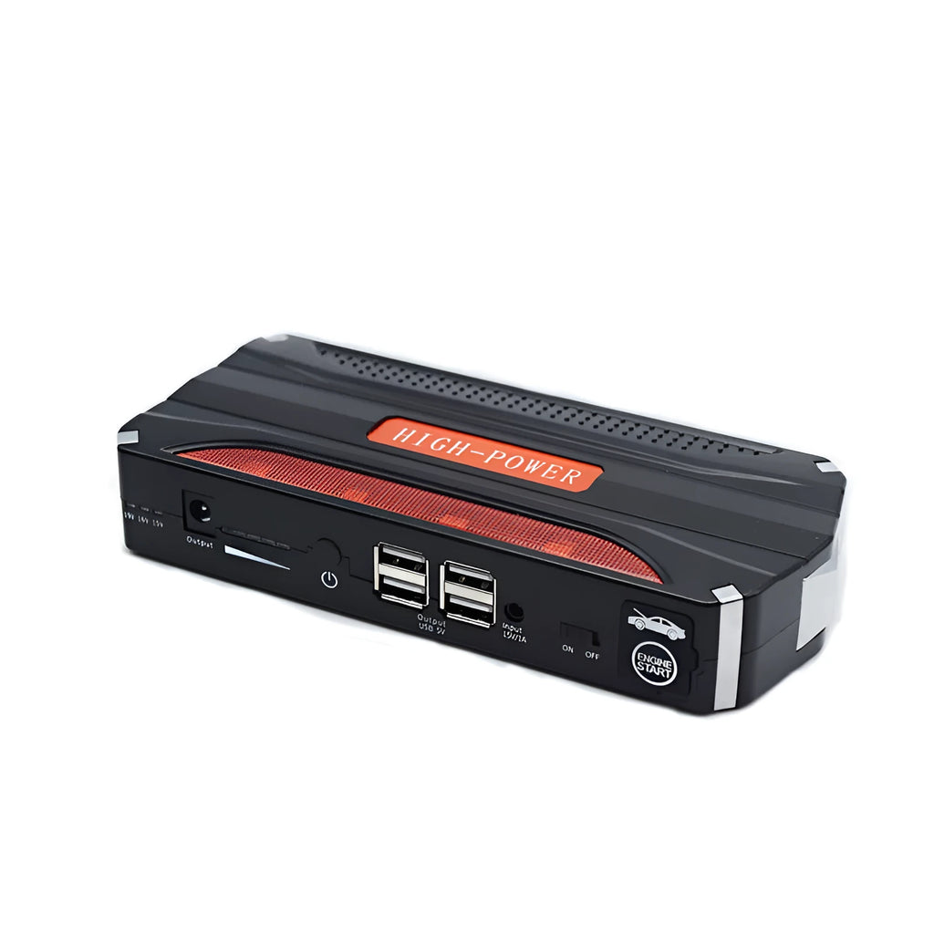 Black-red 12V vehicle emergency starting power supply measuring 178x80x30mm with safety protections