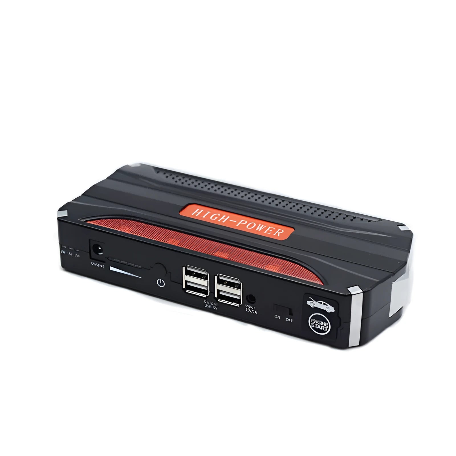 Black-red 12V vehicle emergency starting power supply measuring 178x80x30mm with safety protections