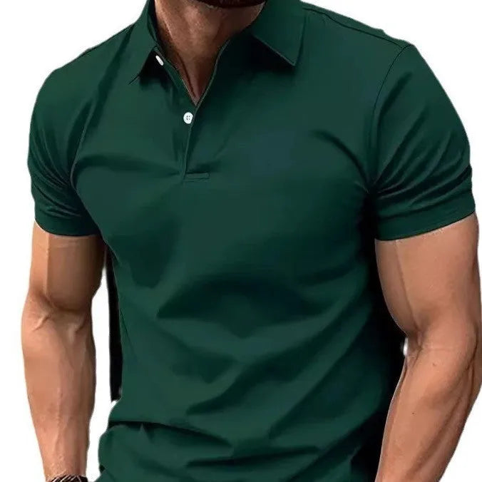 Men's slim fit solid colour short sleeve button-up shirt on a hanger