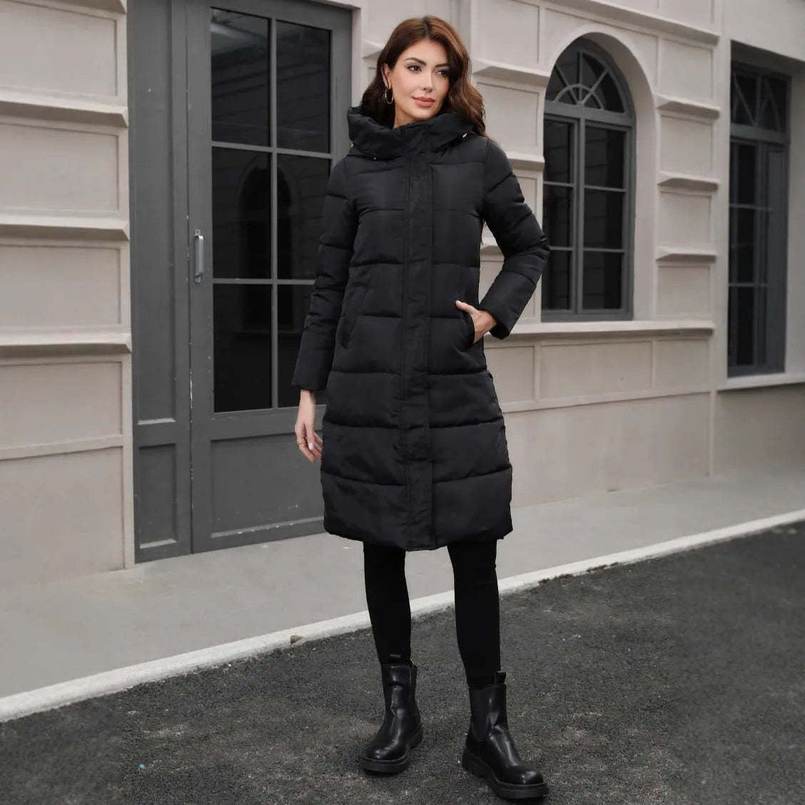 Black hooded slim fit long cotton jacket with cold-resistant thickened construction and regular long sleeves