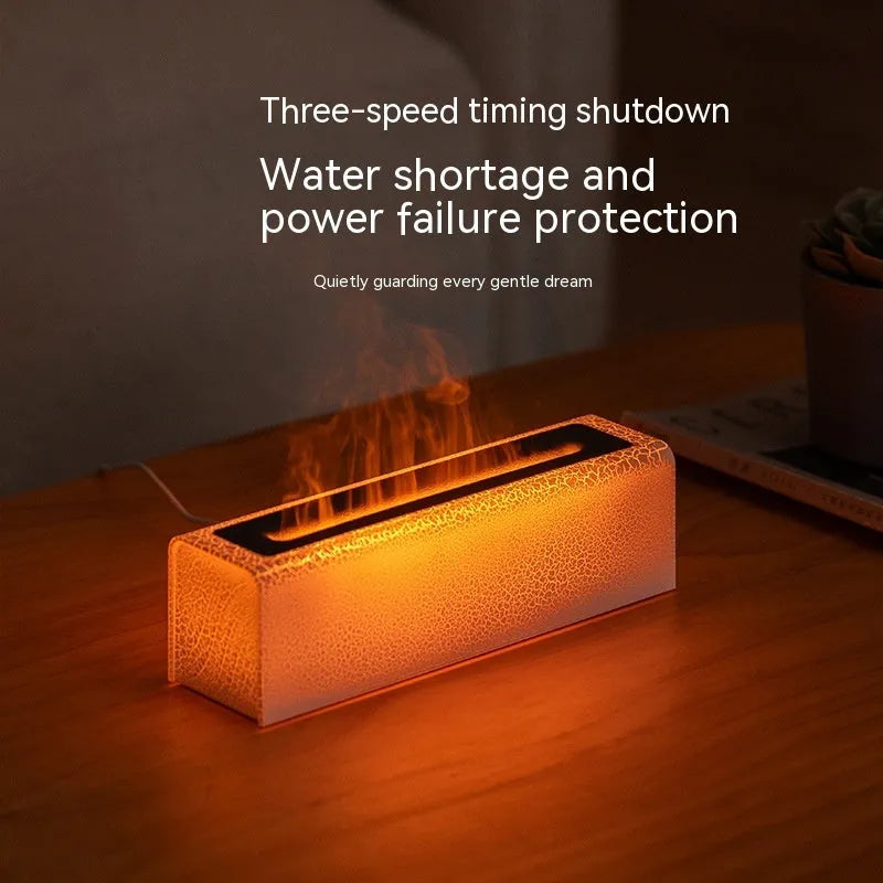 Square black lava flame aroma diffuser humidifier with USB cable on desktop