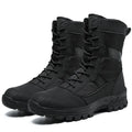 Plus size men's high-top Martin boots in black and camouflage with mesh upper and totem detailing