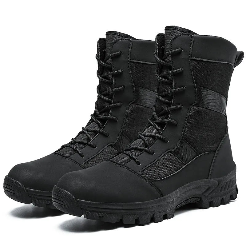 Plus size men's high-top Martin boots in black and camouflage with mesh upper and totem detailing