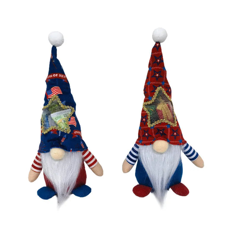 Two matching faceless baby doll Rudolf Christmas ornaments made from red and white cloth fabric