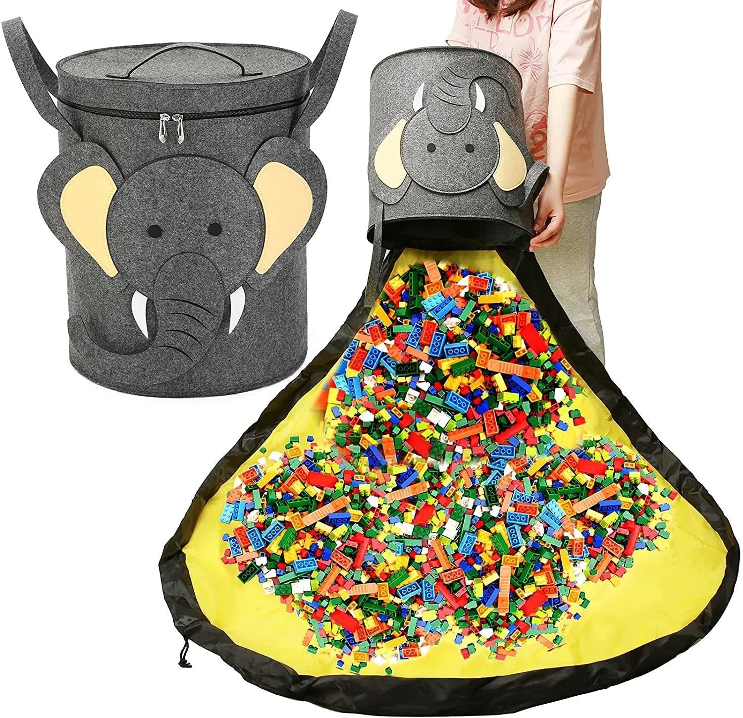 Green felt cube storage bag open as play mat with pull rope closure for children's toys