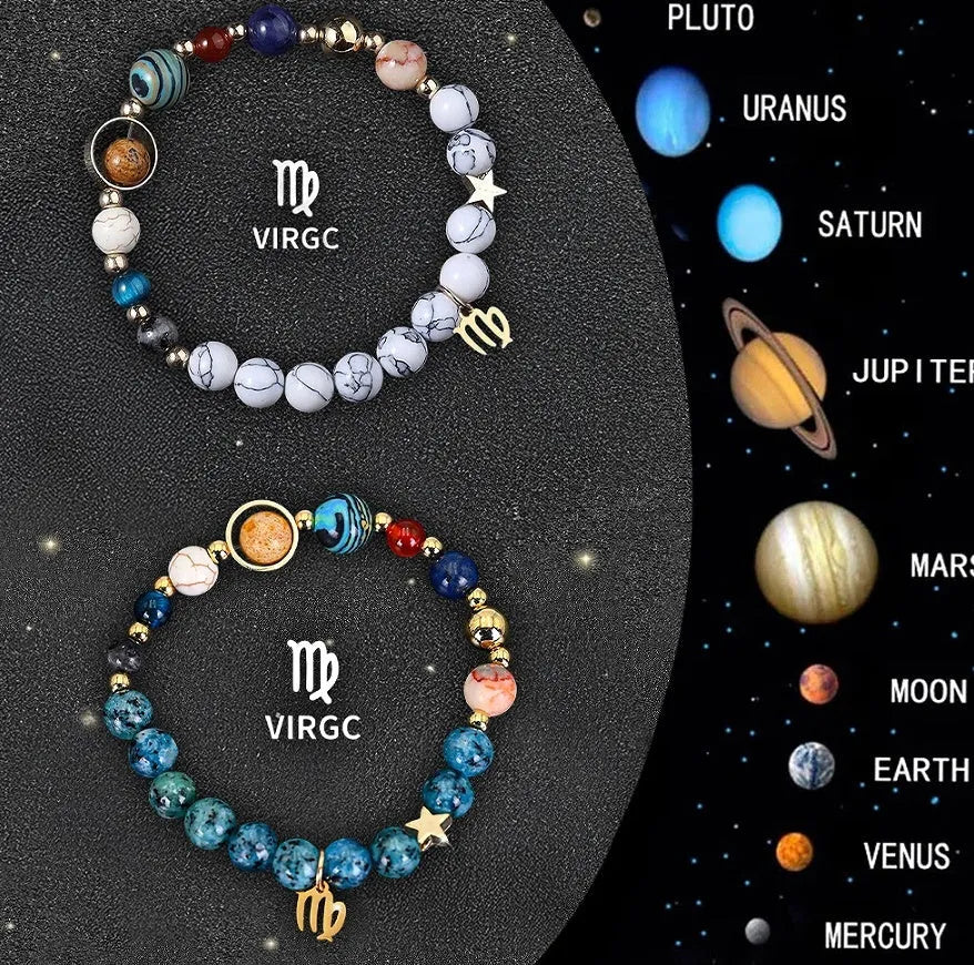 Set of twelve natural stone beaded bracelets featuring zodiac sign designs