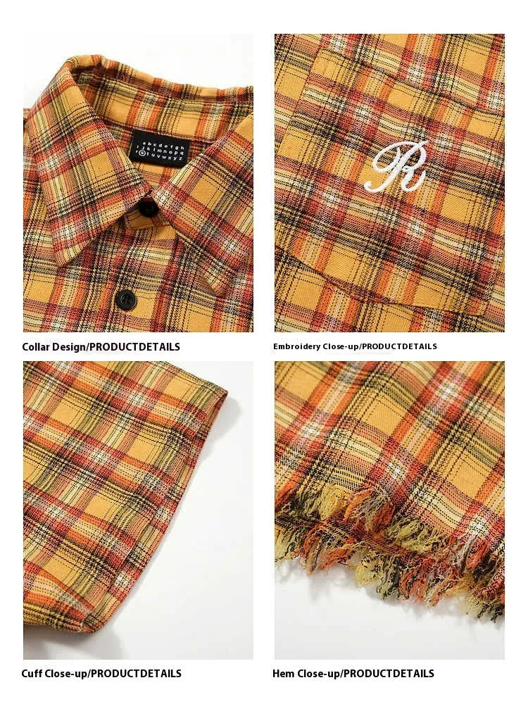 Yellow and white plaid short sleeve shirt with embroidered chest pocket on a hanger.
