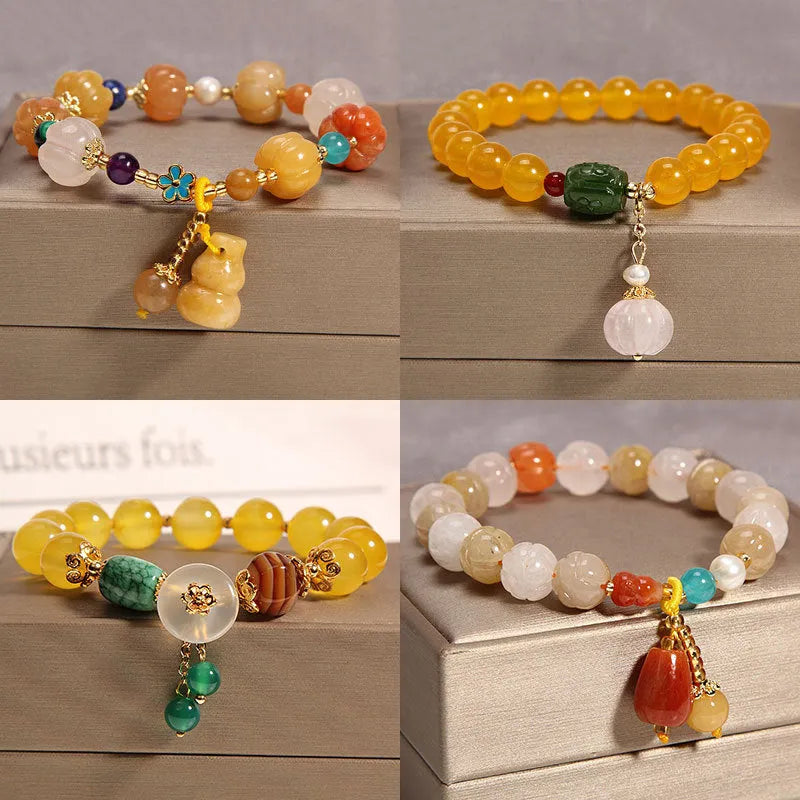 Women's yellow agate and crystal bracelet on gold silk thread in khaki colour