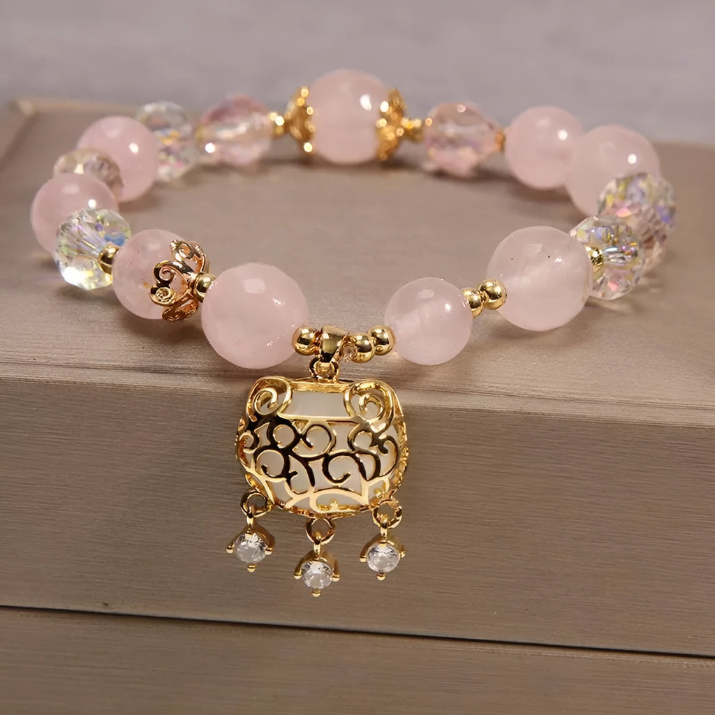 Women's yellow agate and crystal bracelet on gold silk thread in khaki colour