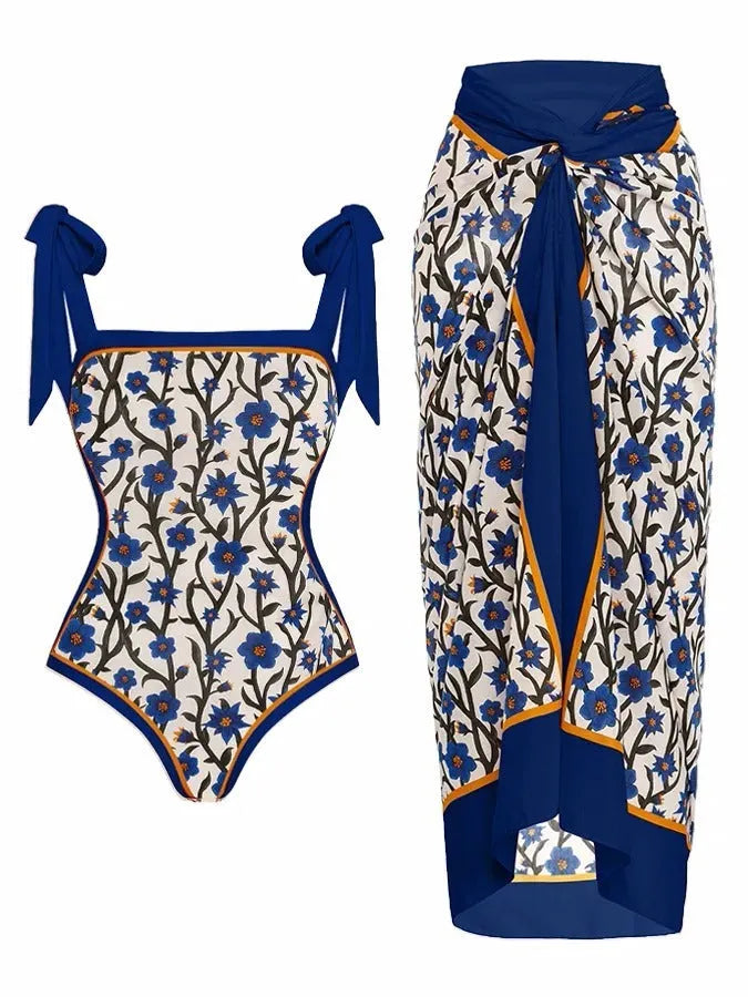 Women's printed chiffon two-piece swimsuit set with matching hip skirt
