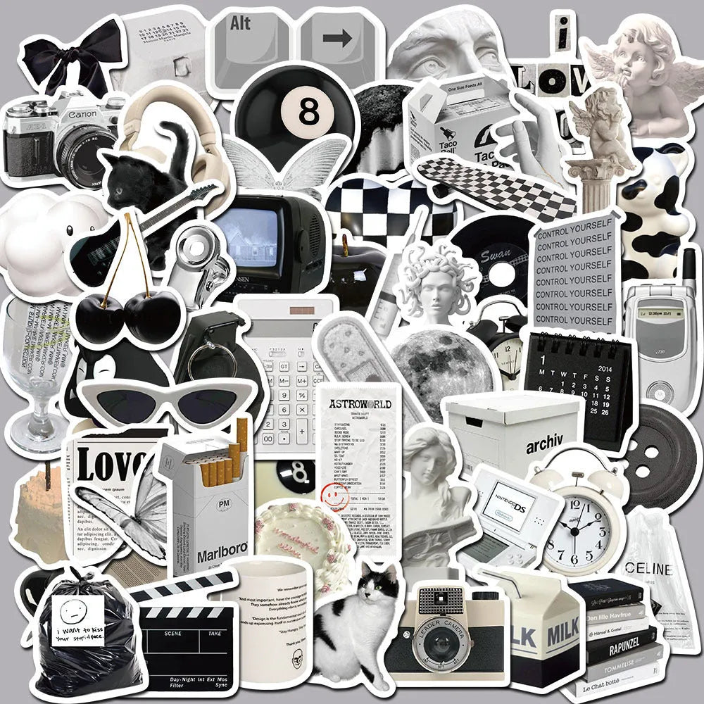 61 black and white simple design PVC waterproof stickers for laptops and phones.