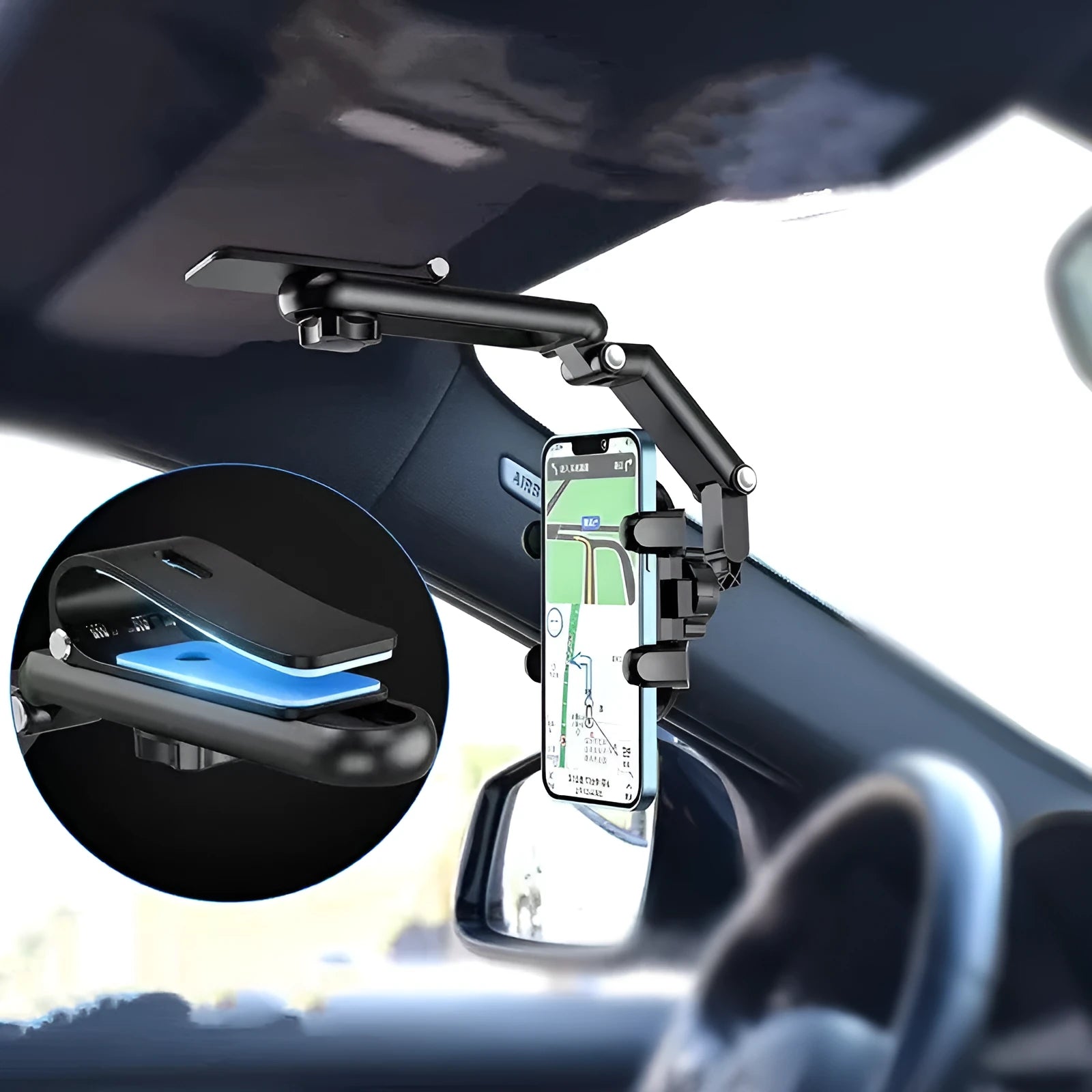 Black or green car mount sun visor with buckle installation for side window glare protection.