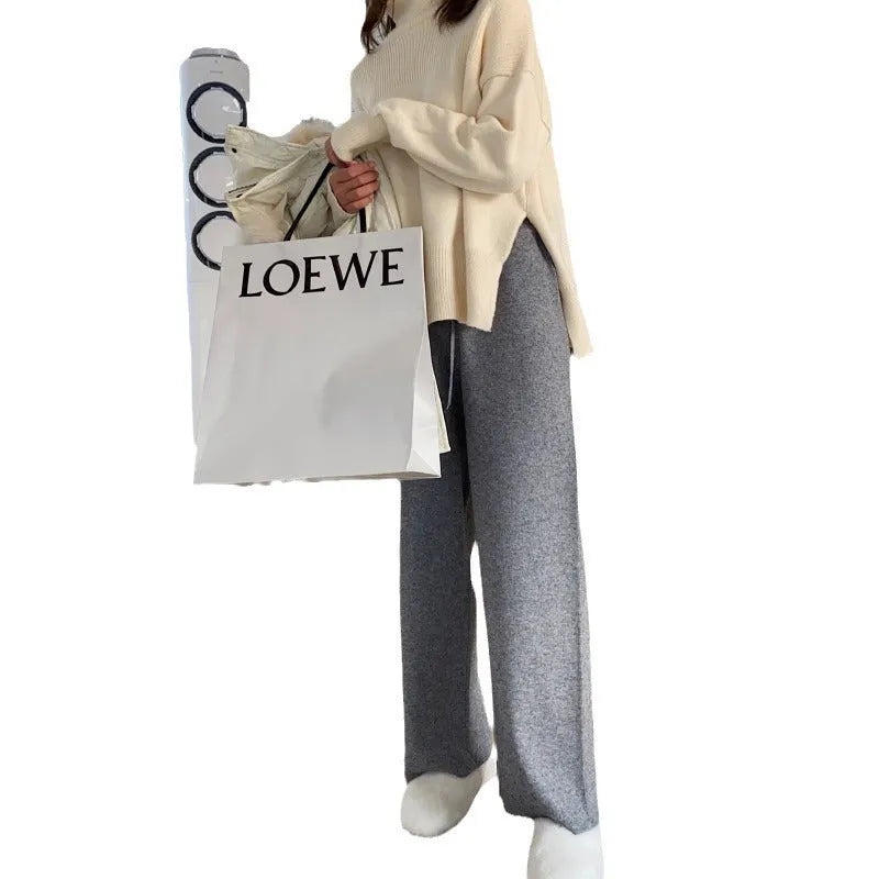 Women's high-waisted wide-leg knitting trousers in thick acrylic fabric for autumn winter casual wear