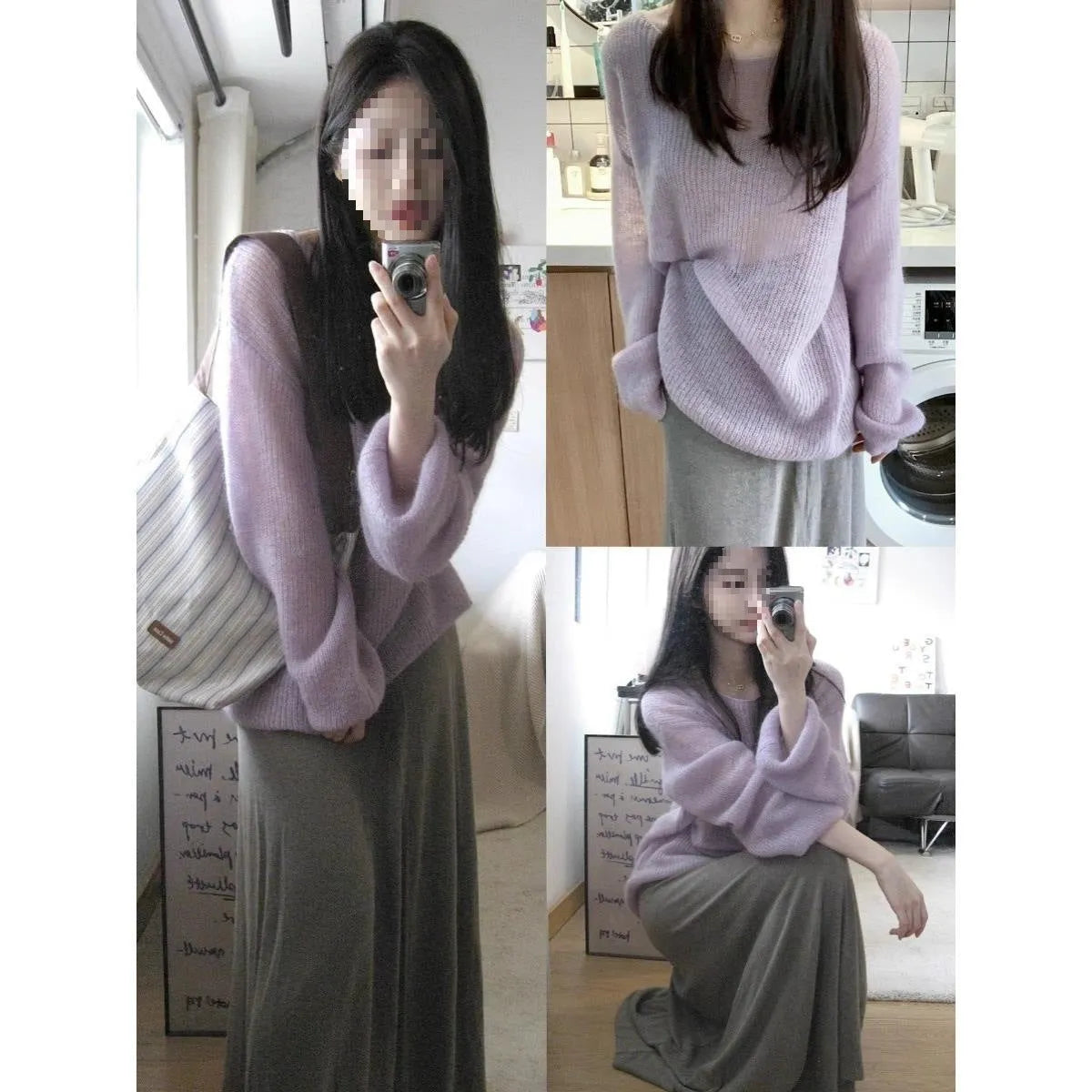 Purple lightweight women's blouse with hollow-out pattern and flared princess sleeves on a mannequin.