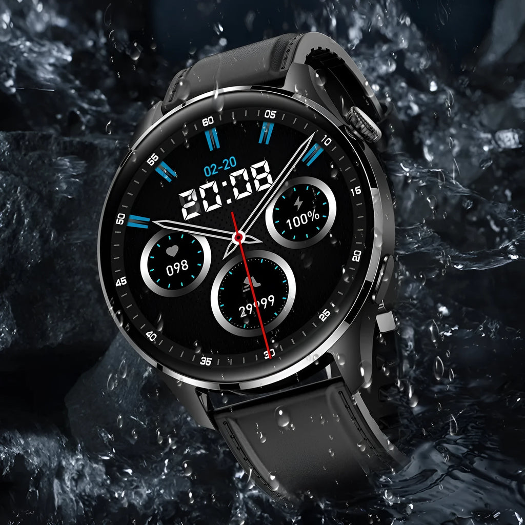 Smart watch with round colour screen and zinc alloy case on a black silicone strap.
