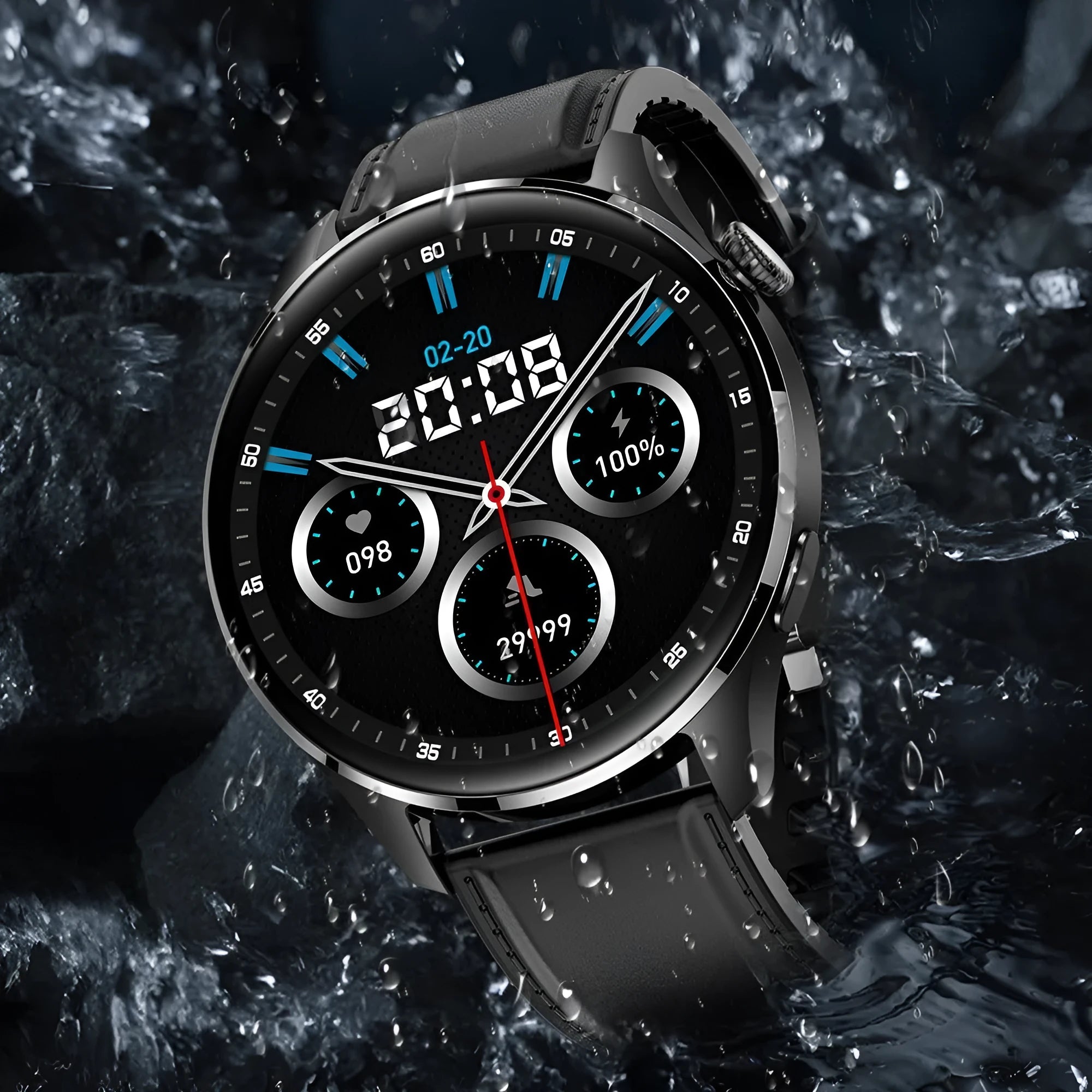 Smart watch with round colour screen and zinc alloy case on a black silicone strap.