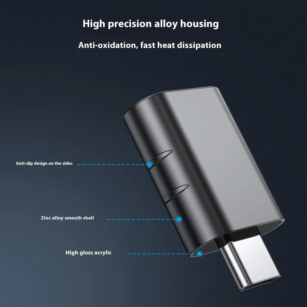 USB data and charging converter adapter in zinc alloy shell, shown in one of seven colour options.
