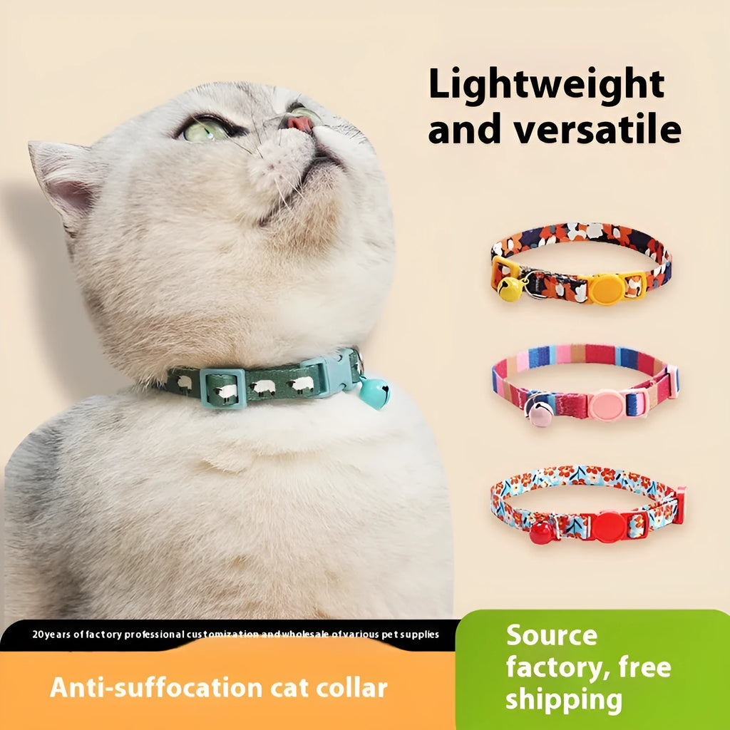 Woven polyester cat collar with anti-suffocation safety buckle and bell in green jungle colour grid pattern