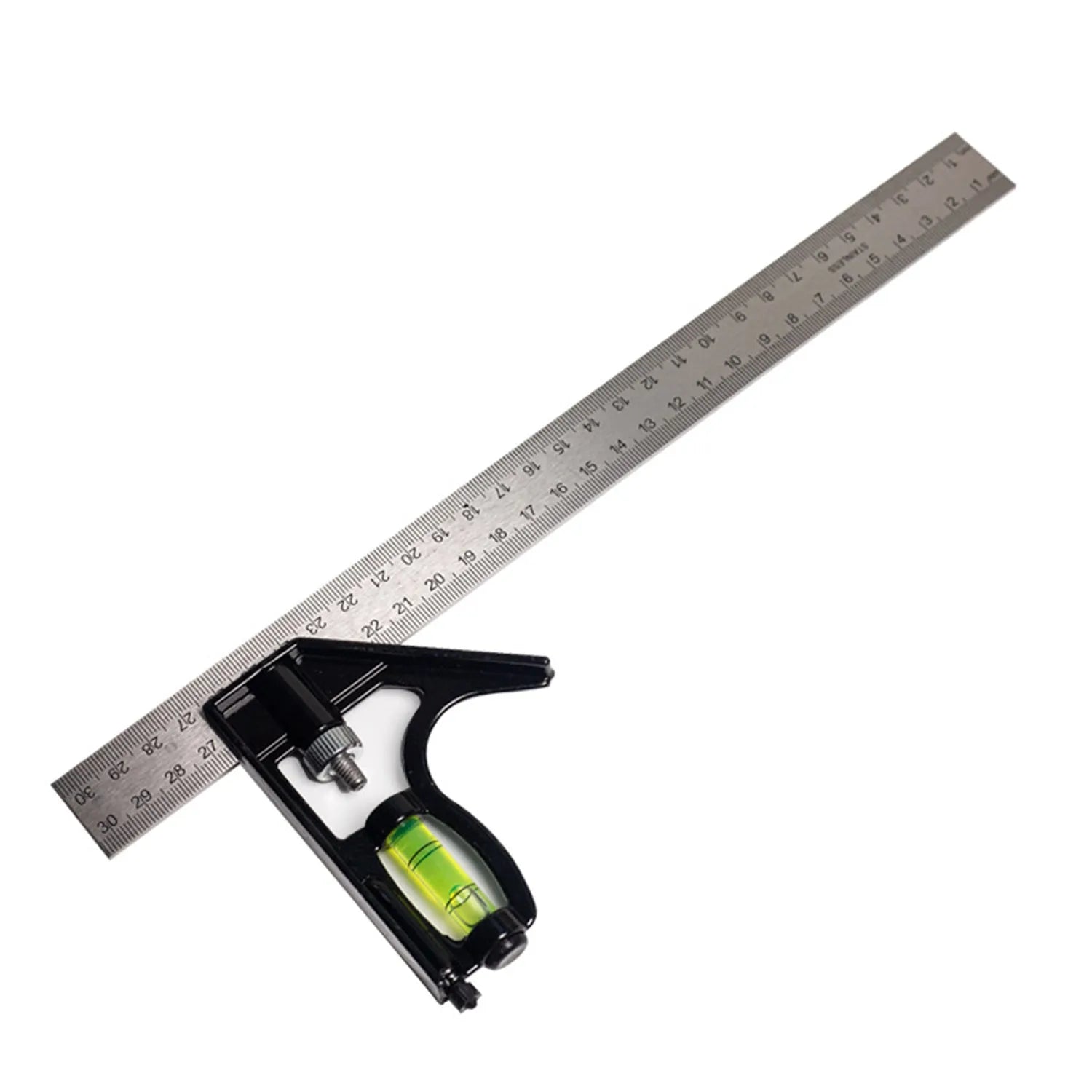 Red thin 7-inch metal combination angle ruler with metric scales on both sides