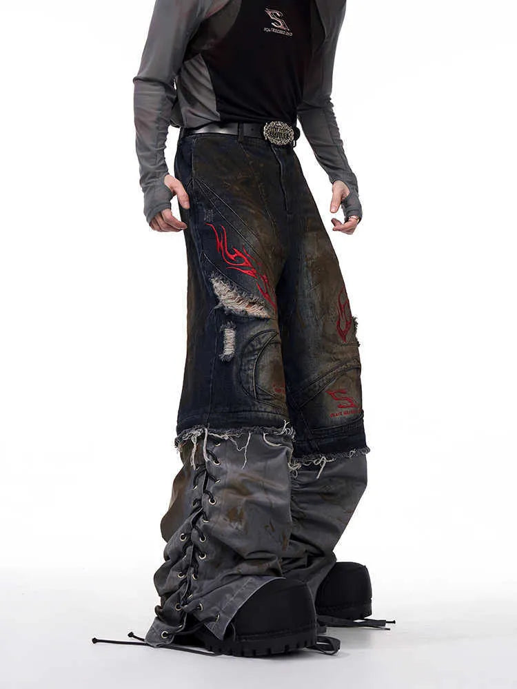 Men's retro denim jeans with detachable trouser legs showing wide-leg cut and mid-high waist