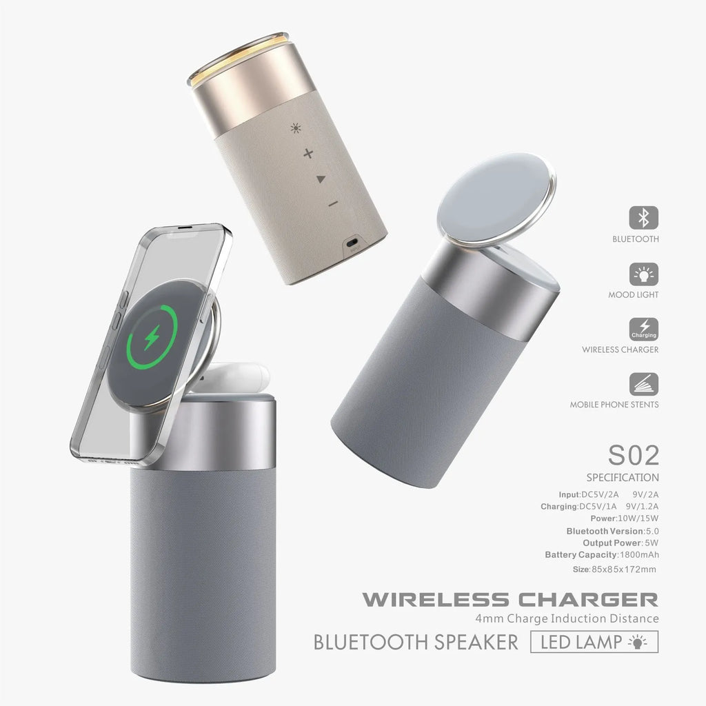 3-in-1 wireless charger Bluetooth speaker touch lamp for iPhone and AirPods in Gold colour on desk