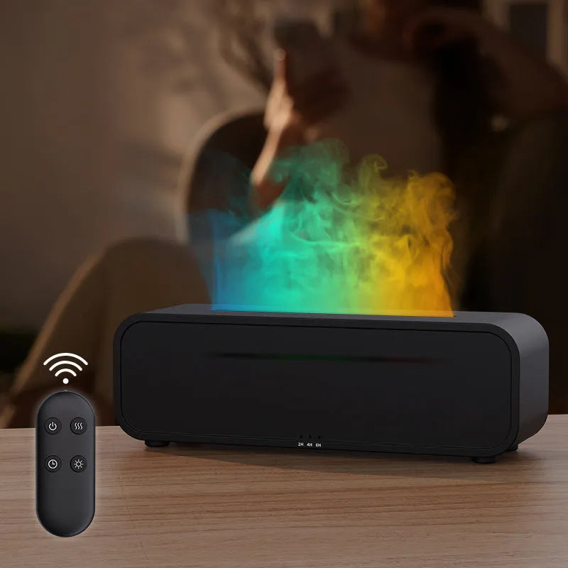 Black and white aroma diffuser with colour-changing flame effect lights and remote control for aromatherapy