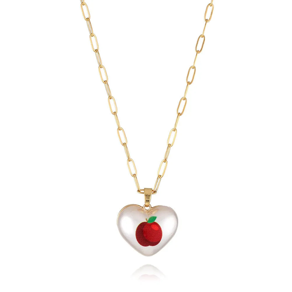 Silver tone heart necklace with geometric fruit pendant on adjustable 21-50cm chain