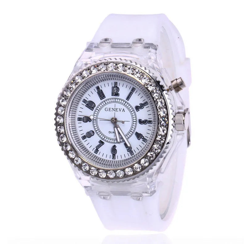 Women's LED luminous watch with round 43mm dial and coloured silicone strap