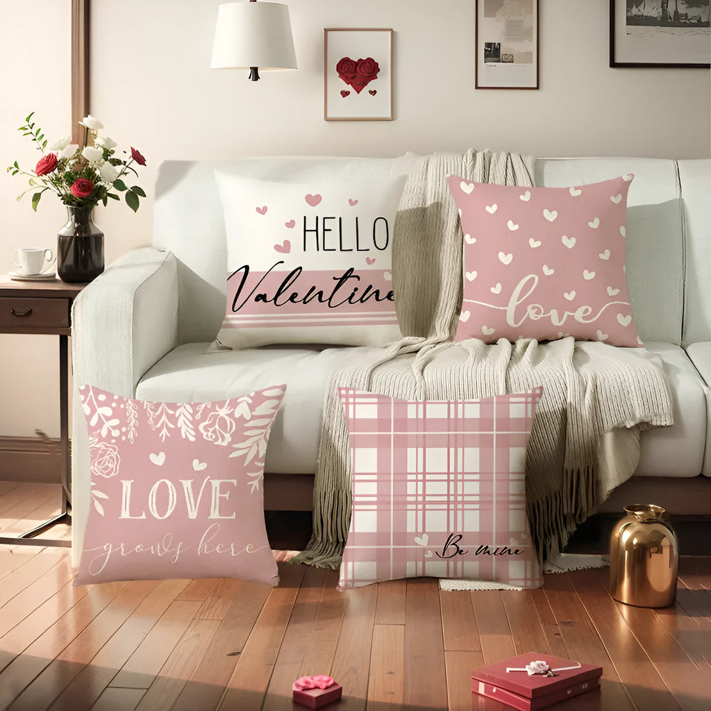 Printed plaid pillow cover with heart pattern for 45 cm cushions in Valentine's Day colours