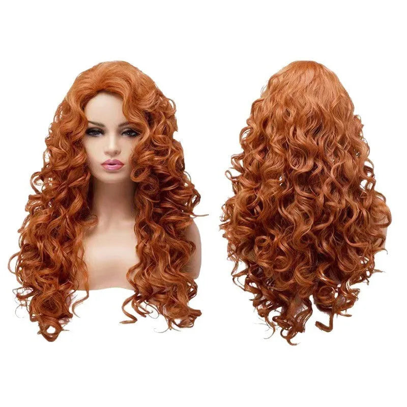 Brown long wavy curly synthetic wig with instant noodles fluffy texture on wig head