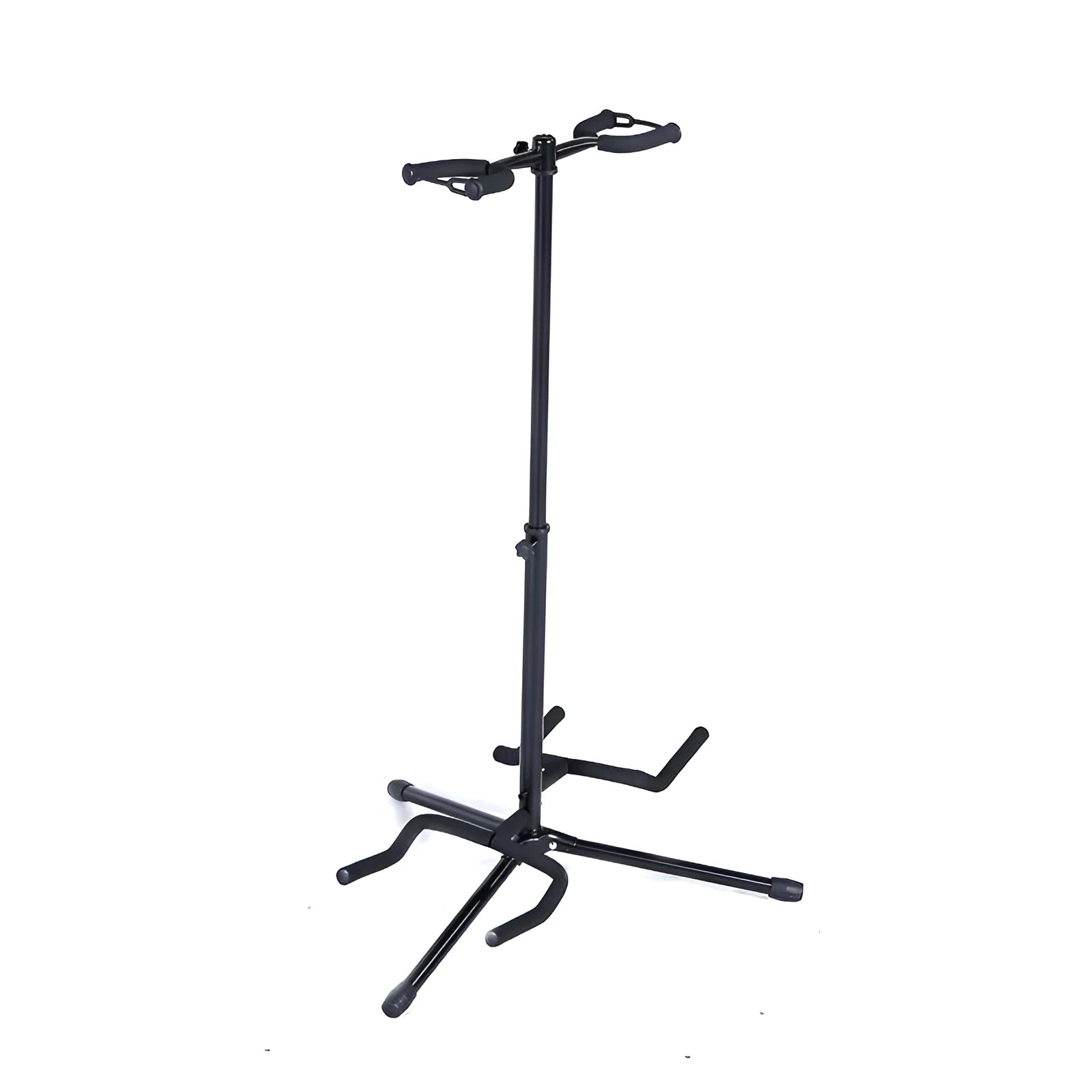 Black vertical double-headed adjustable guitar stand for acoustic and electric guitars.