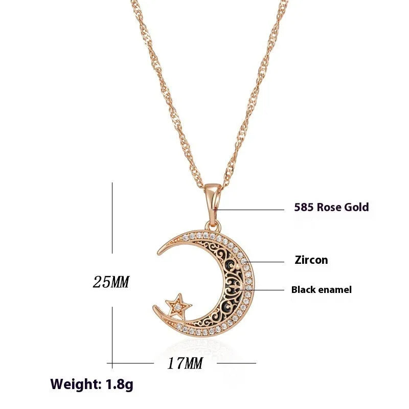 Rose gold-tone moon and star pendant necklace with enamel details on a water wave chain.