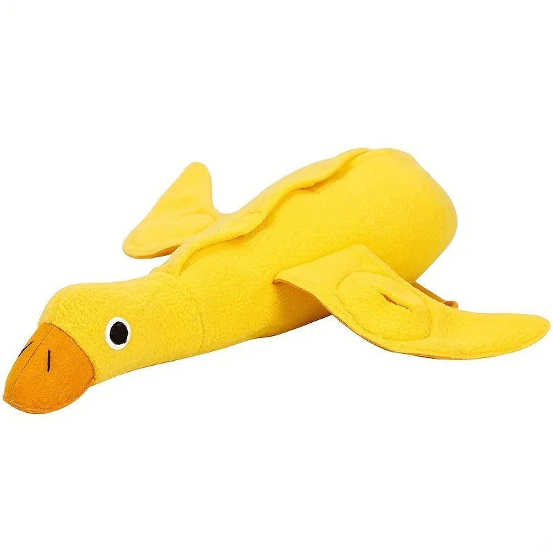 Yellow teddy dog toy with integrated duck doll, a pet training aid with sound and treat dispenser.