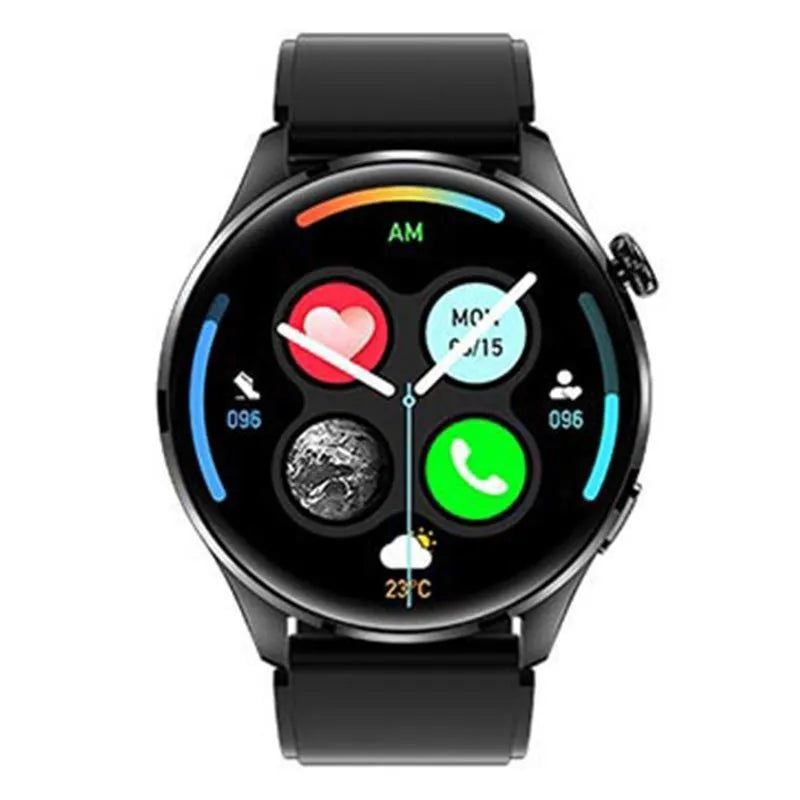 Smart watch with round colour screen and zinc alloy case on a black silicone strap.