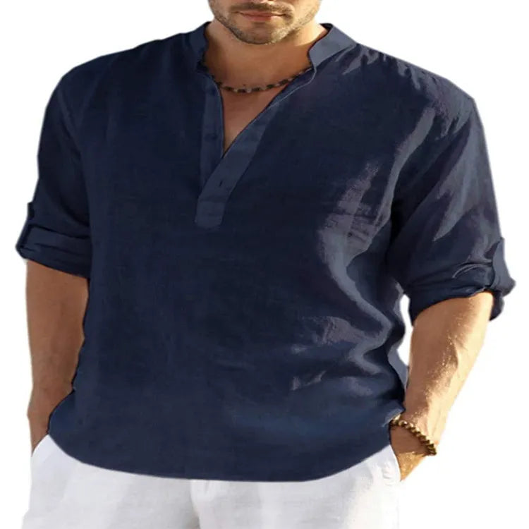 Men's solid colour cotton linen casual shirt with stand collar and long sleeves.