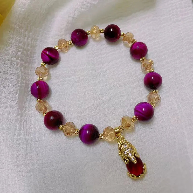 Handmade natural Tigereye stone bracelet with chain design in green or rose red colour options