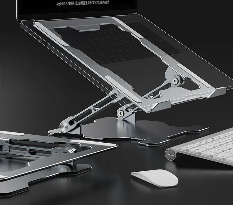 Adjustable aluminum laptop stand in grey colour showing folding design and hollow construction