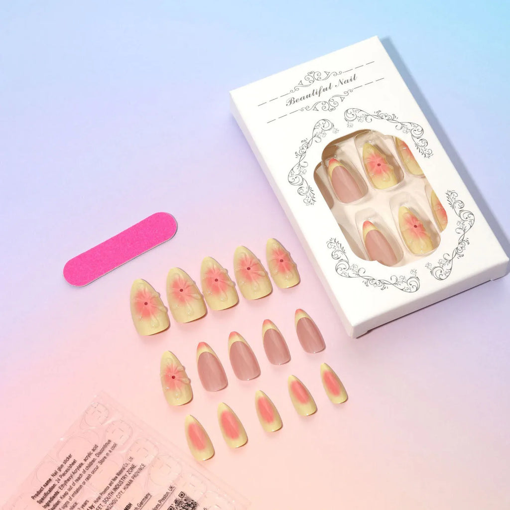 Cartoon flower design artificial press-on nails set with jelly glue and filing strip