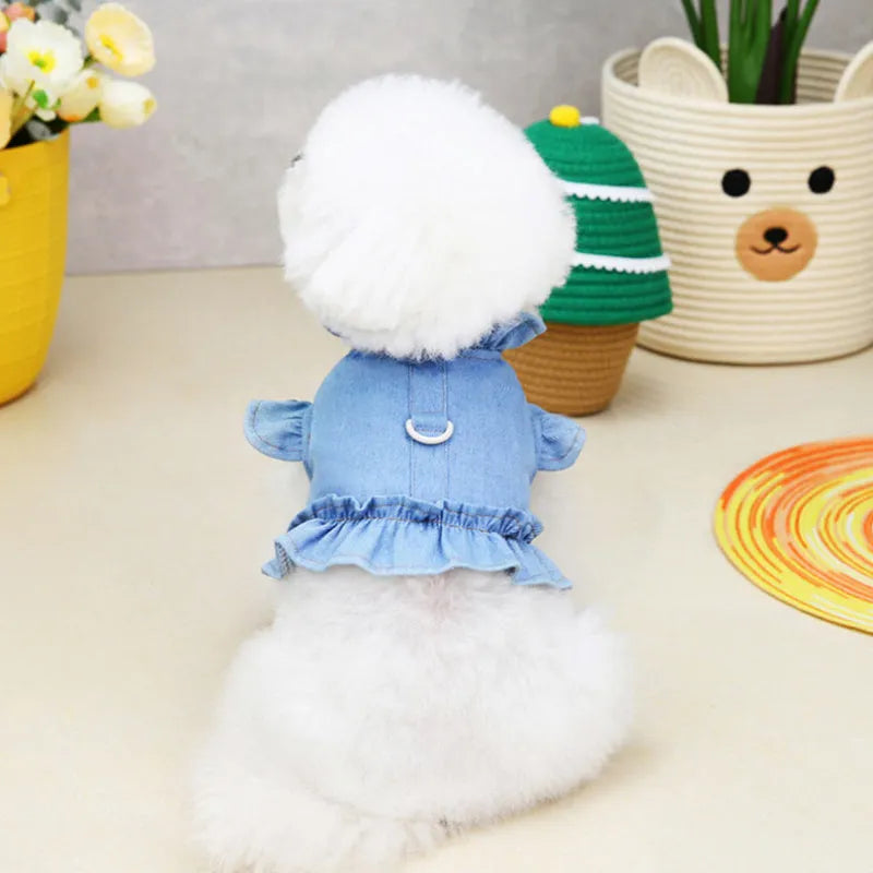 Blue denim dog dress vest with ruffles and a metal leash hook on the back for small dogs.