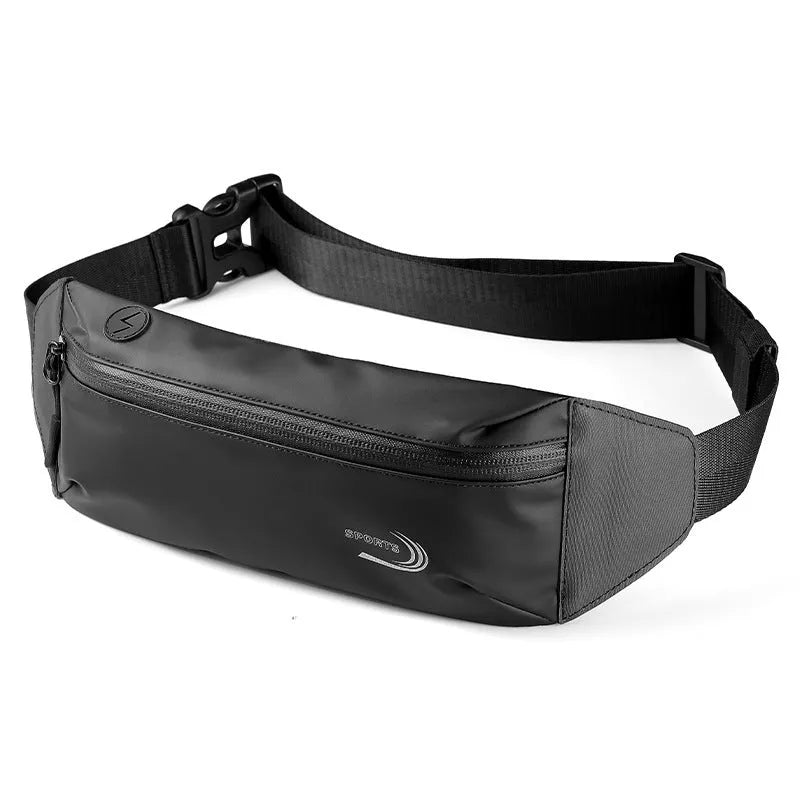 Men's blue waterproof waist bag with adjustable strap and front compartment for sports use