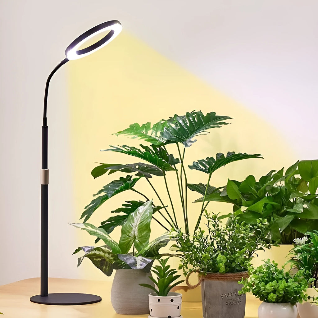 Pearl white 6-inch Angel Ring LED grow light on a retractable floor stand next to a houseplant.